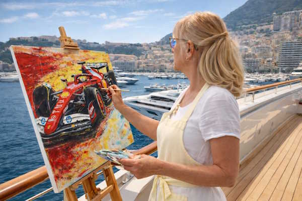 Anita Lewis painting abstract Formula 1 cars in Monaco