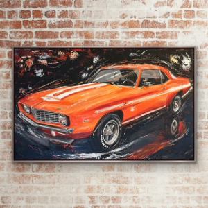 Custom commissioned painting of a vintage Chevrolet Camaro in abstract motorsport style
