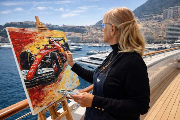 AI mockup of Artist Anita Lewis painting Sir Lewis Hamilton LH44 live at Monaco F1 Grand PRix